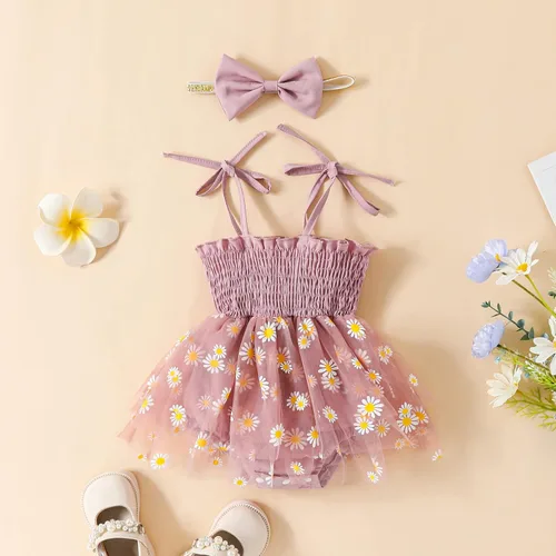 Vista 44 de Mameluco para bebés y niñas de 3, 6, 9, 12, 18 meses, enterizo de manga corta, fruncido, faldas y dobladillo, diadema
