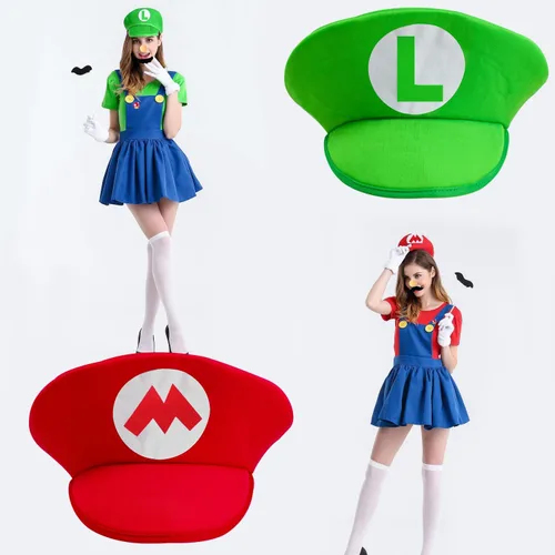 Vista 3 de Jolbndcv Sombrero rojo y verde con guantes botones y barba para disfraz de cosplay