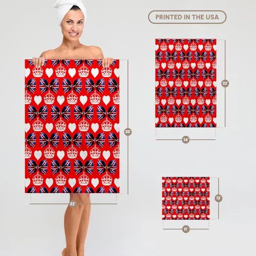 Vista 6 de 3dRose British Union Jack Bow Ties, Crowns and Hearts on Red Background 22x30 Bath Hand Pool Towel