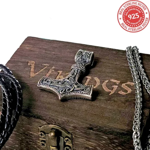 Vista 3 de Collar Thor de amuleto de martillo nórdico de plata de ley 925 Plata esterlina Sin gemas