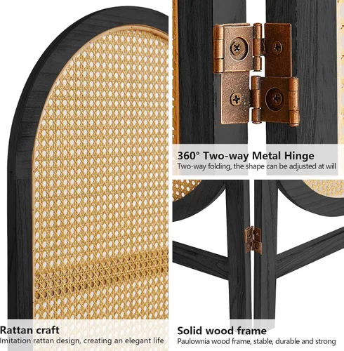 Vista 5 de 3 Panel Rattan Room Divider, Arched Room Divider Screen, Black