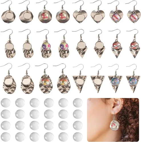 Vista 23 de FASHEWELRY 20 piezas bandejas de bisel de acero inoxidable para aretes geométricos configuración de bisel en blanco corazón luna redondos aretes