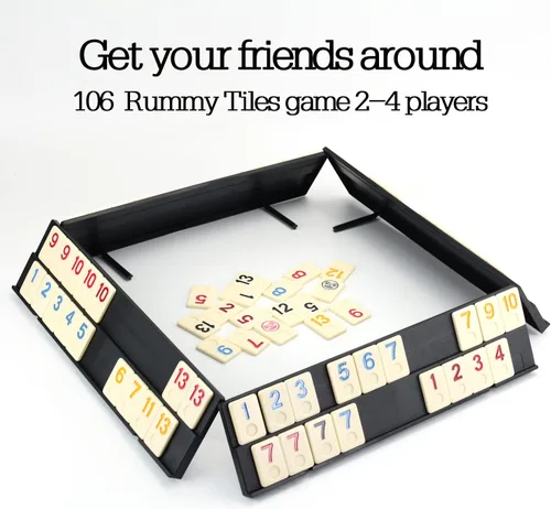Vista 5 de Rummy Cube Game Original Rummy Tiles Juego de viaje con 4 estantes antideslizantes, funda de transporte rígida de EVA, números codificados por