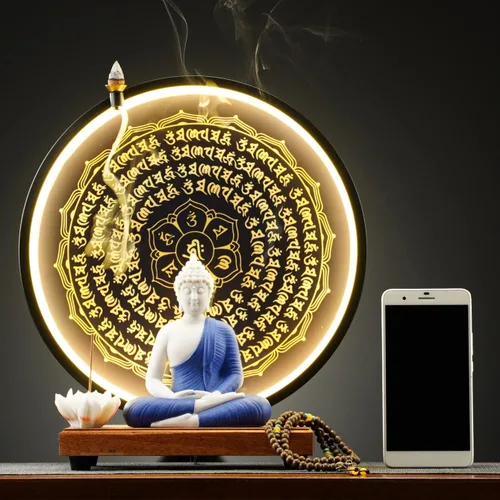 Vista 5 de Houlu Lámpara de mesa LED con estatua de Buda azul y círculo, estatua de Buda de cerámica para decoración del hogar