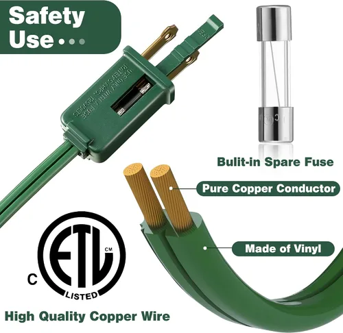 Vista 5 de Enhon 1 Pieza Cable de Extensión Verde de 15 Pies con 9 Tomacorrientes e Interruptor de Encendido/Apagado, Cable de Extensión de Luz para Árbol