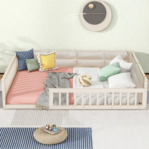 Vista 4 de Cama de plataforma de tamaño matrimonial con valla, plataforma tapizada de madera con barandilla y almohada, color beige