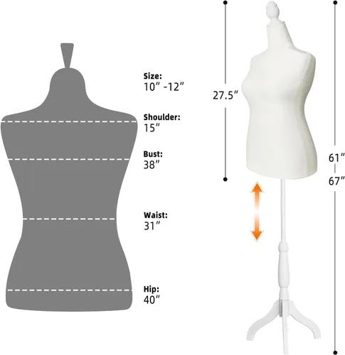 Vista 2 de Torso de maniquí femenino con soporte, talla grande 10-12, forma de vestido de maniquí femenino, altura ajustable de 61-67 pulgadas, soporte