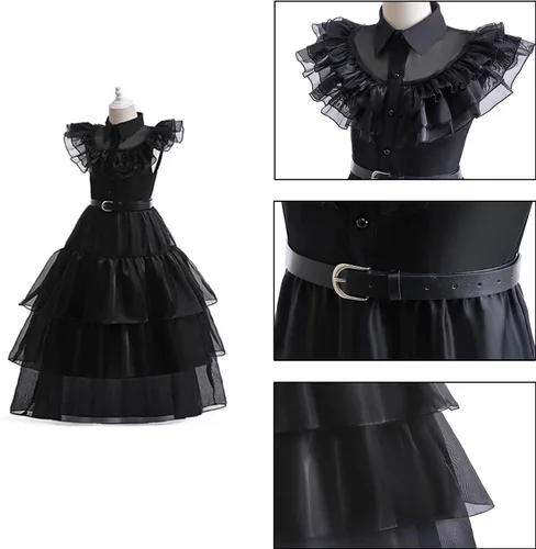 Vista 4 de QIEMIAO Wednesday Addams - Vestido de Halloween para niños, con guantes, cinturón y calcetines, vestido de fiesta de cosplay familiar Addams