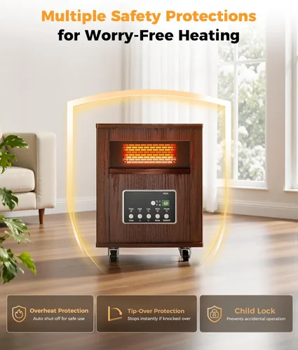 Vista 7 de Calentador de espacio infrarrojo para uso en interiores - Calentador de caja portátil de 1500 W con gabinete de madera, control remoto