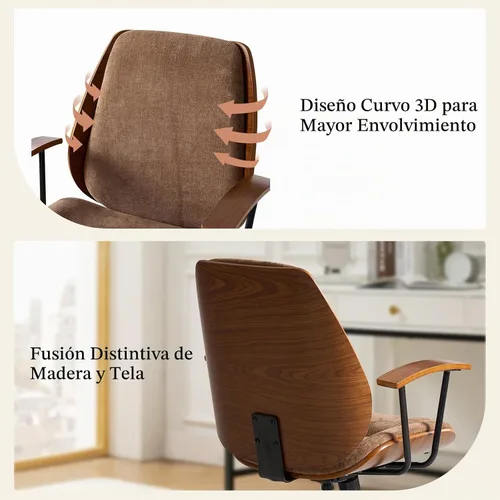 Vista 4 de HULALA HOME Silla de oficina de madera maciza con función mecedora, cómoda silla de escritorio de tela con base de madera doblada y metal, silla