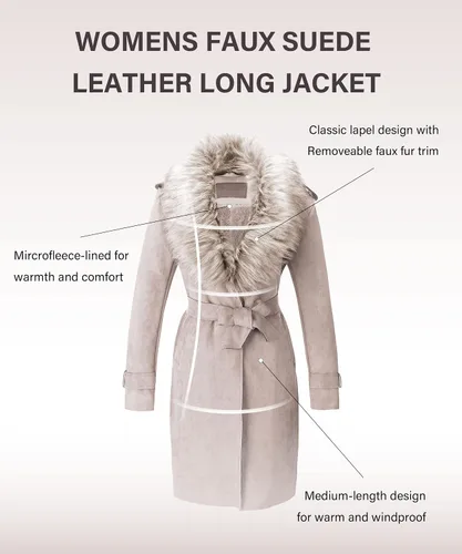 Vista 3 de Bellivera - Chaqueta larga de piel sintética para mujer, otoño e invierno, gabardina de moda con cuello de piel desmontable