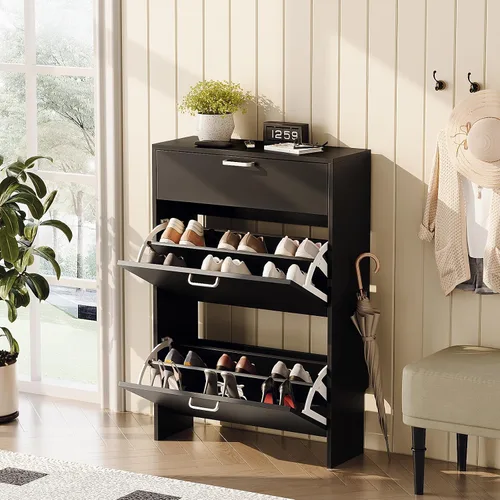 Vista 5 de VINGLI - Armario de zapatos para entrada con 2 cajones abatibles y 1 desplegable 24.8" W Narrow Slim,Modern Black Color,Holds 8–12 Pairs of