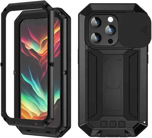Vista 12 de FW - Funda de metal compatible con iPhone 15 Pro con cubierta deslizante para cámara deslizante, protector de pantalla integrado, funda híbrida