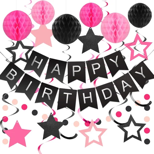Vista 19 de meowtastic - Decoraciones de cumpleaños, pancarta de feliz cumpleaños con bolas de panal de abeja, serpentinas colgantes de estrellas, guirnalda