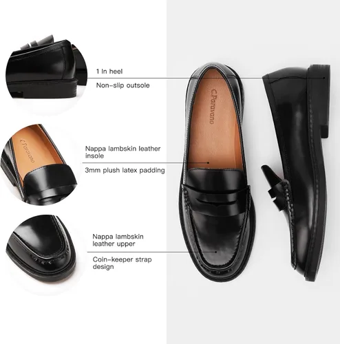 Vista 6 de C.Paravano Mocasines Penny de cuero genuino para mujer, mocasines planos Negro