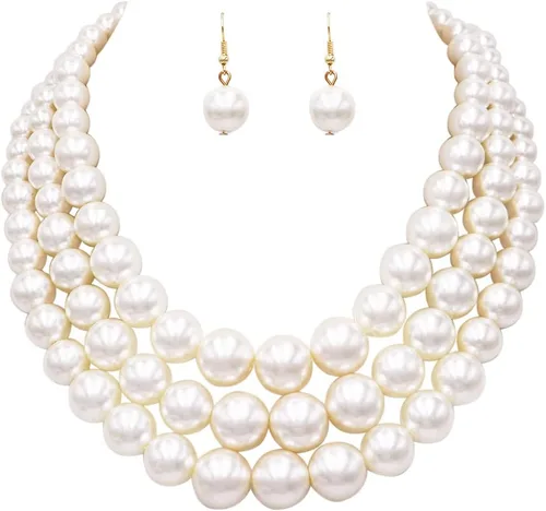 Vista 32 de Rosemarie & Jubalee Conjunto de joyería para mujer con 3 cadenas multicolores de perlas simuladas y aretes, regalo con collar, 45,7 cm + 7,6 cm