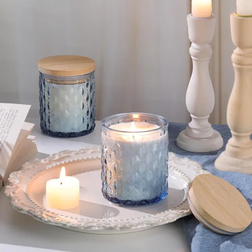 Vista 4 de MATAHUM Paquete de 8 tarros de vela azules para hacer velas, tarros de vidrio vacíos de 7 onzas para hacer velas con tapas de bambú para suministros