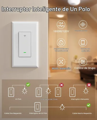 Vista 2 de Interruptores inteligentes GHome Smart para luces, interruptor de luz WiFi inteligente funciona con Alexa y Google Home, un solo polo, requiere
