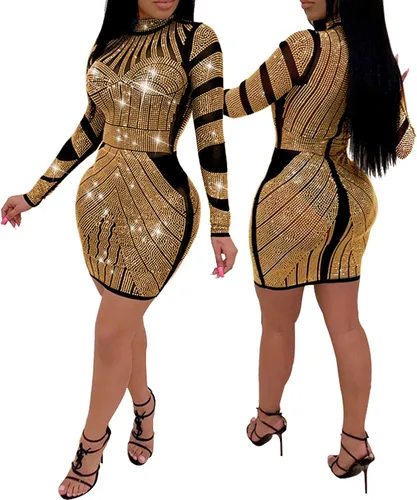 Vista 3 de PORRCEY Vestido sexy de malla de manga larga para mujer, con diamantes de imitación, para fiesta, club, noche, para mujer