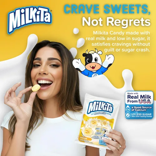 Vista 5 de Milkita Caramelo cremoso de leche de plátano – Dulces saludables bajos en azúcar con leche real para niños y adultos – Caramelos sin grasa y sin