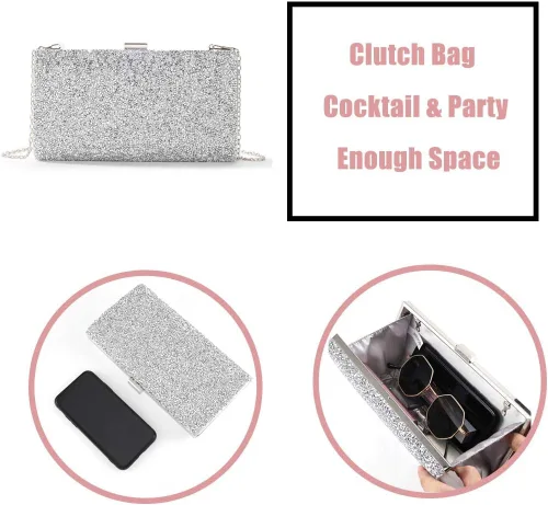 Vista 4 de ELABEST Bolso de mano de noche con purpurina de una cara con diamantes, bolso cruzado, bolso de fiesta de boda para mujer