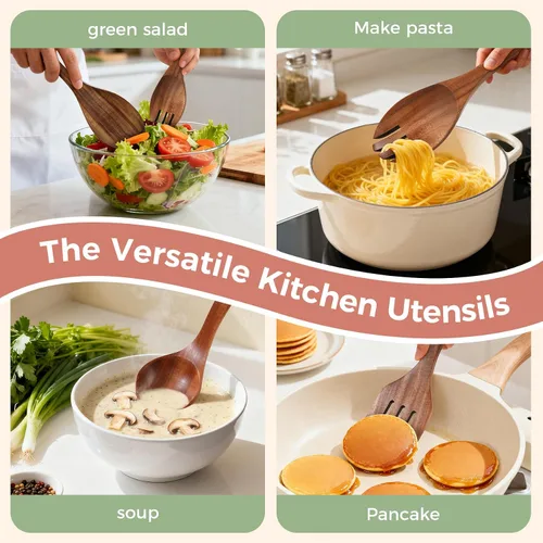 Vista 3 de Cucharas de Madera para Cocinar - Juego de 7 Piezas de Utensilios de Cocina de Madera, Juego de Utensilios de Madera de Teca Natural Suave