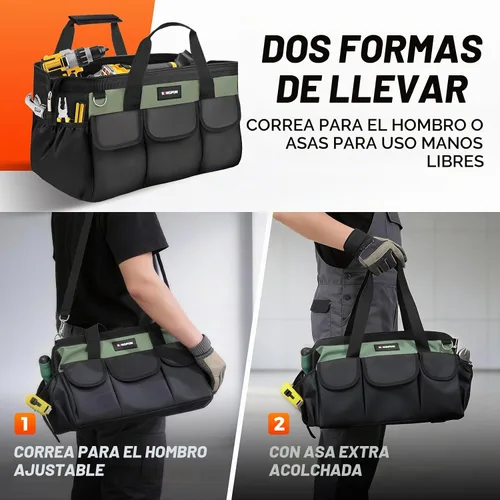 Vista 6 de Kingfun Bolsa de herramientas resistente de 16 pulgadas con 14 bolsillos, organizador de bolsa de herramientas de boca ancha con correa de hombro