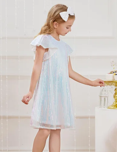 Vista 9 de GRACE KARIN Vestido de lentejuelas para niñas, manga corta, con vuelo, silueta acampanada, vestido midi con lazo para el pelo, 5-12 años