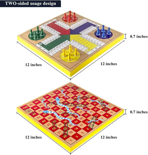 Vista 4 de AMEROUS Juego de mesa de ludo de madera de 12 pulgadas - Serpientes y escaleras, reversible 2 en 1, juego de dados familiar de 1-4 jugadores, juego