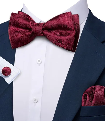 Vista 3 de Barry.Wang Pajarita de Rayas Paisley para Hombre de Seda Preatada Pañuelo de Bolsillo Gemelos Juego Formal Boda Fiesta Graduación