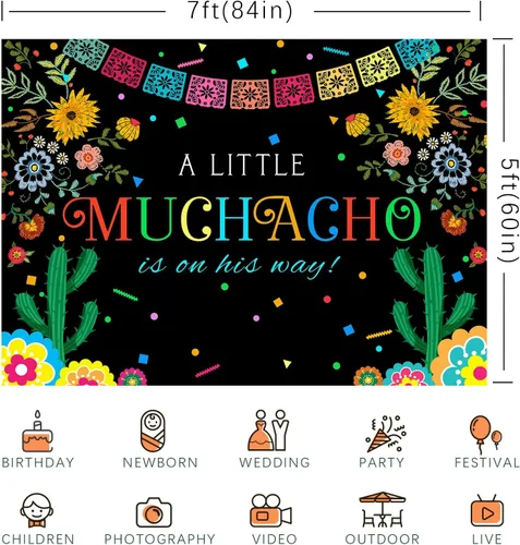 Vista 6 de Fondo de fiesta para baby shower para niño mexicano A Little Muchacho is On His Way Fondo de fotografía Cactus Cinco Mayo decoraciones de fiesta