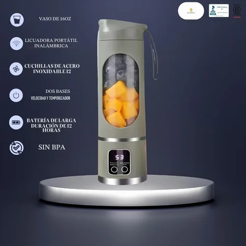 Vista 6 de Licuadora portátil de 16 oz/16.9 fl oz para jugos y batidos con 12 cuchillas de acero inoxidable Recargable por USB y control de múltiples Verde