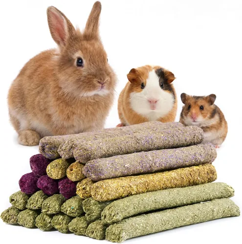 Vista 10 de 48 piezas de golosinas para conejo, palitos masticables, conejillo de indias, juguetes naturales de hierba Timothy, dientes molares, conejito