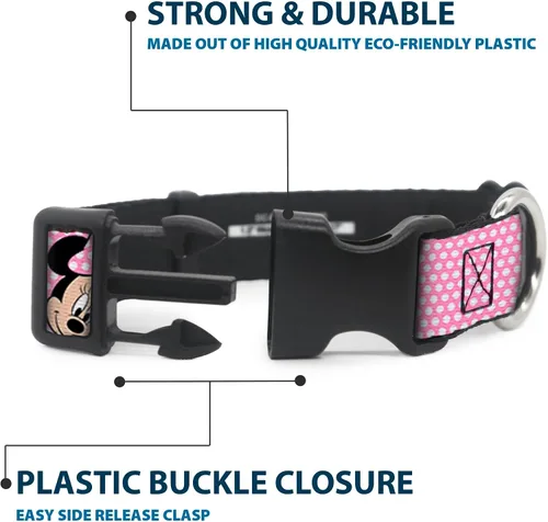 Vista 4 de Buckle-Down Collar de clip de plástico, Minnie Mouse Expressions Polka Dot Rosa/Blanco, 1 pulgada de ancho, se adapta a cuello de 9 a 15 pulgadas