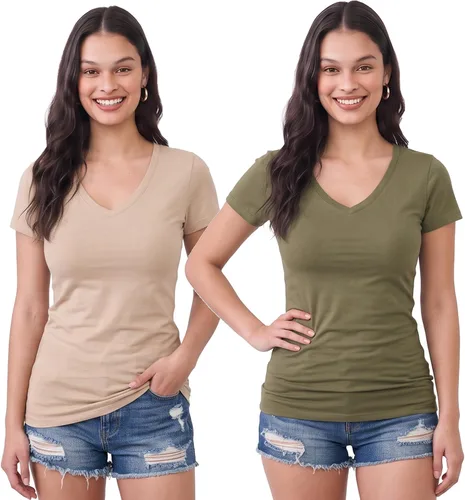 Vista 133 de Emmalise Camiseta de manga corta para mujer, cuello en V, tallas junior y plus