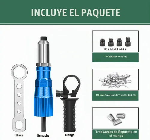 Vista 4 de Kit de adaptador de pistola de remache, herramienta de cabeza de pistola de remache para taladro inalámbrico, con 4 cabezas de remache/mango