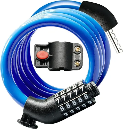 Vista 12 de KEYSTP Cable de bloqueo de bicicleta de 5 dígitos, cerradura de bicicleta de combinación reajustable resistente, antirrobo con soporte de montaje