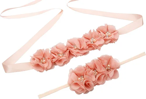 Vista 2 de Lauthen.S Conjunto de diadema de flores de maternidad para mujeres y niñas, cinturón de banda para baby shower