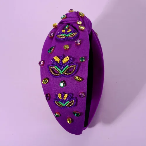 Vista 6 de Diadema de Mardi Gras para mujer, diadema de corona de flor de lis, diadema morada con diamantes de imitación y nudo superior, accesorios