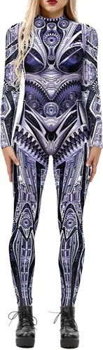 Vista 10 de Enterizo de mujer con estampado de esqueleto de robot mecánico 3D para Halloween, disfraz de cosplay
