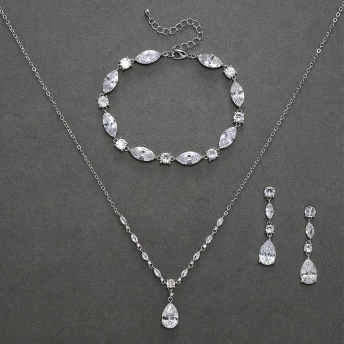 Vista 6 de SWEETV Juego de joyas de novia para boda, collar de circonita cúbica, aretes colgantes, juego de pulsera, marquesa de lágrima, novias, damas