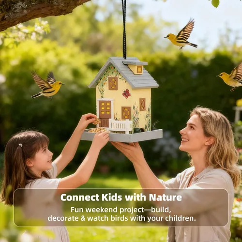 Vista 6 de MEWANG Comedero colgante para pájaros al aire libre, casa decorativa de madera para pájaros sin cámara para colibríes, cardenales y pájaros azules