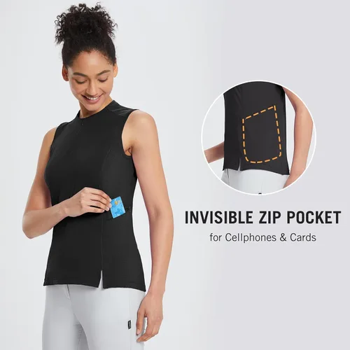 Vista 2 de BALEAF Camisa de golf sin mangas para mujer, bolsillo lateral con cremallera de un cuarto, ligera, de secado rápido, sin cuello, sin mangas, tenis