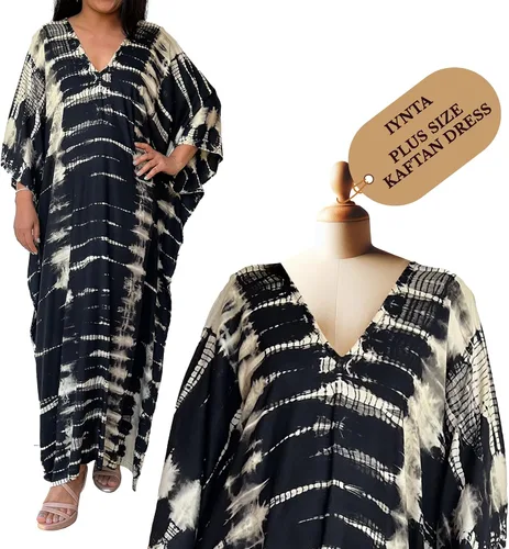 Vista 17 de Vestidos caftán hechos a mano en talla grande para mujer, vestido de gran tamaño teñido anudado, salida de baño para vacaciones y salidas nocturnas
