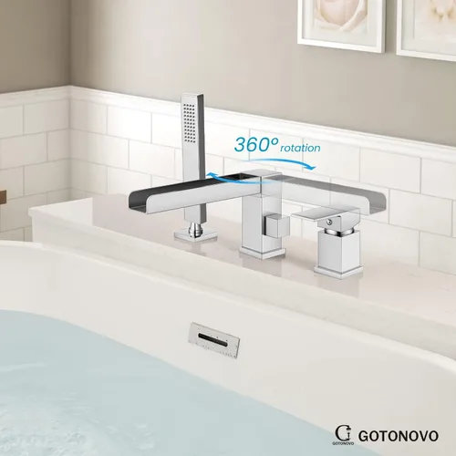 Vista 7 de gotonovo Grifo de bañera romano con ducha de mano, 3 agujeros, montaje en cubierta, juego de grifo de bañera de una sola manija generalizado