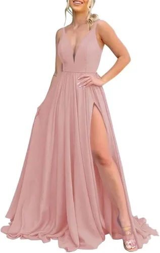 Vista 29 de Vestidos largos de dama de honor para mujer, con abertura, cuello en V, vestido de fiesta formal para boda