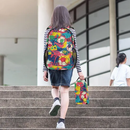 Vista 6 de Fútbol Colorido Deportes Niños Escuela Mochila Niños Mochila Y Fiambrera Set 7-10 mochilas y loncheras escolares para nias