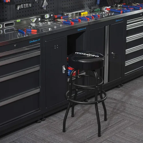 Vista 2 de WORKPRO W112003 Taburete de garaje, taburete de garaje de construcción de acero resistente, asiento de cojín giratorio, patas y reposapiés
