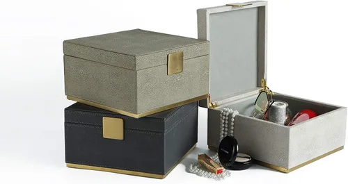 Vista 6 de Ivory Shagreen - Organizador decorativo cuadrado para decoración del hogar, joyero de almacenamiento de piel sintética, accesorios para hombres