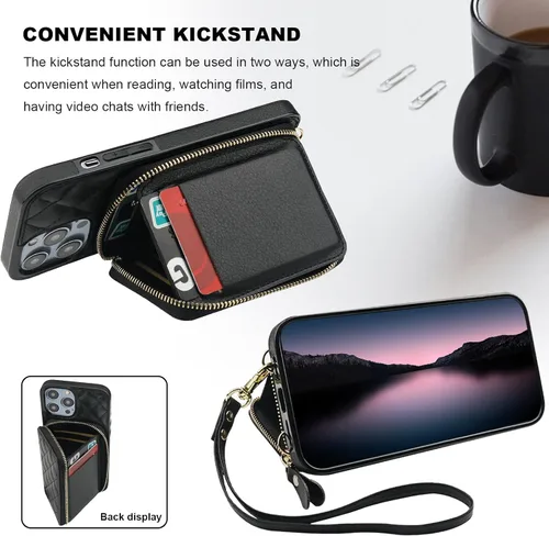 Vista 4 de Bocasal Una elegante funda tipo cartera cruzada para iPhone 14 Pro Max + una funda delgada de cuero para AirPods Pro